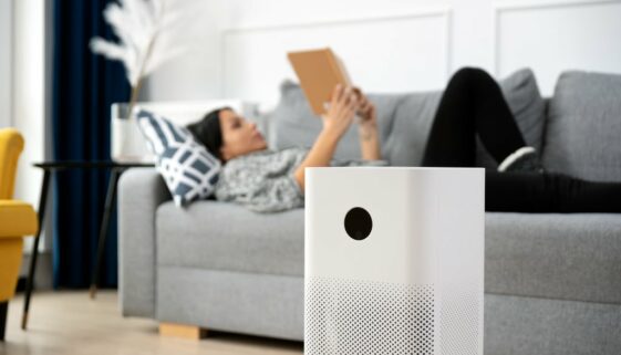 Closeup of an Air Purifier with a Woman Laying on Couch Reading a Book in the Background How to Improve Indoor Air Quality