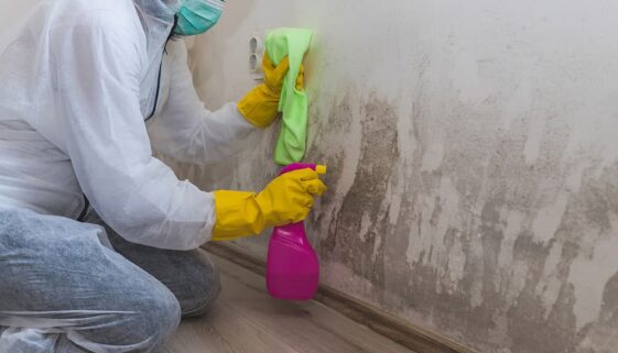 A Woman Sitting While Cleaning a Soot-Covered Wall With a Cleaning Solution and Rag Smoke Damage on Walls