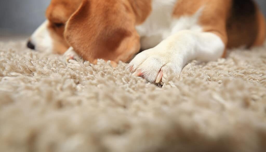 Closeup Of A Dog Laying On A Carpet In A Home Get Rid Of Pet Odor In House